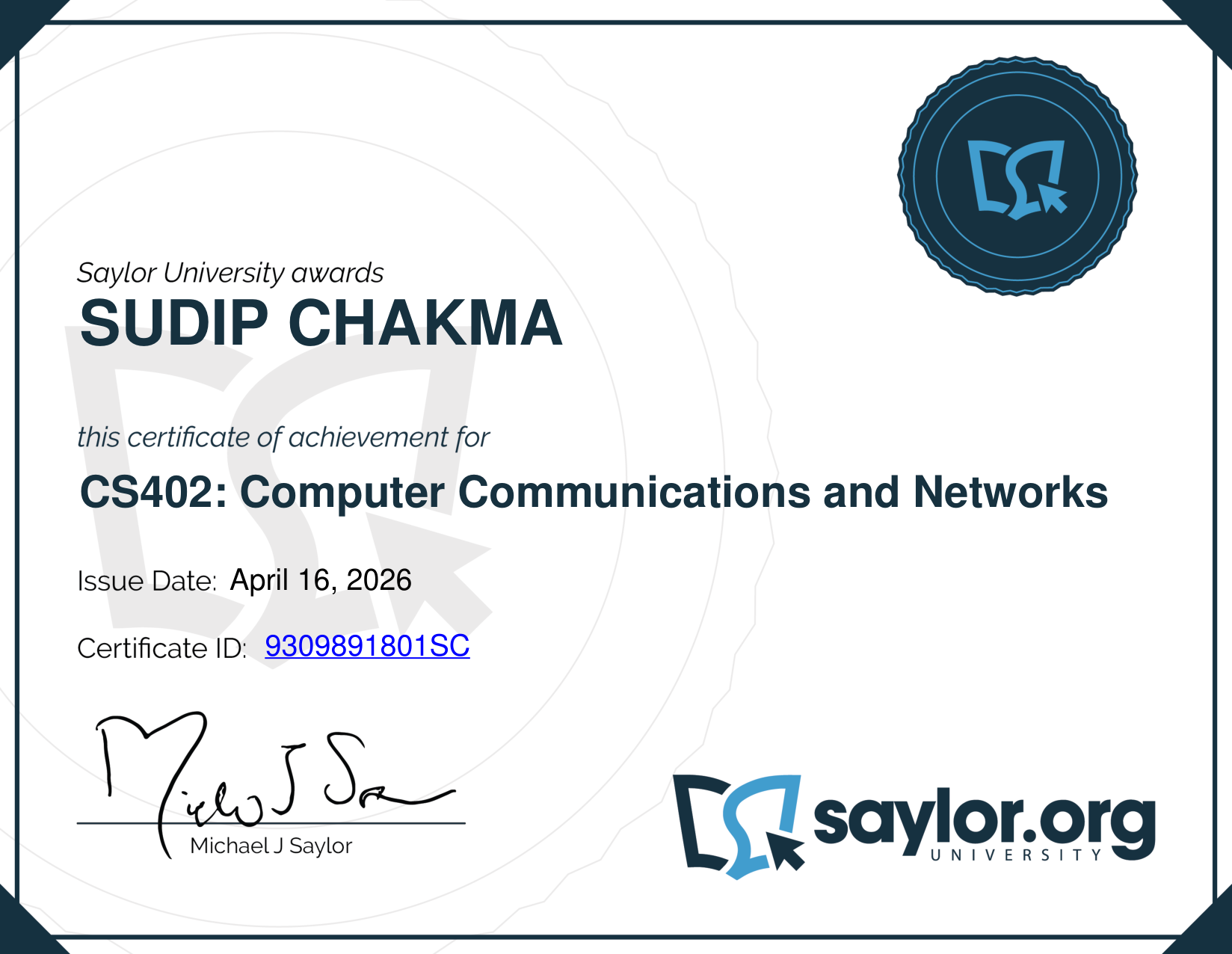 Computer Communications and Networks Certificate - Sudip Chakma