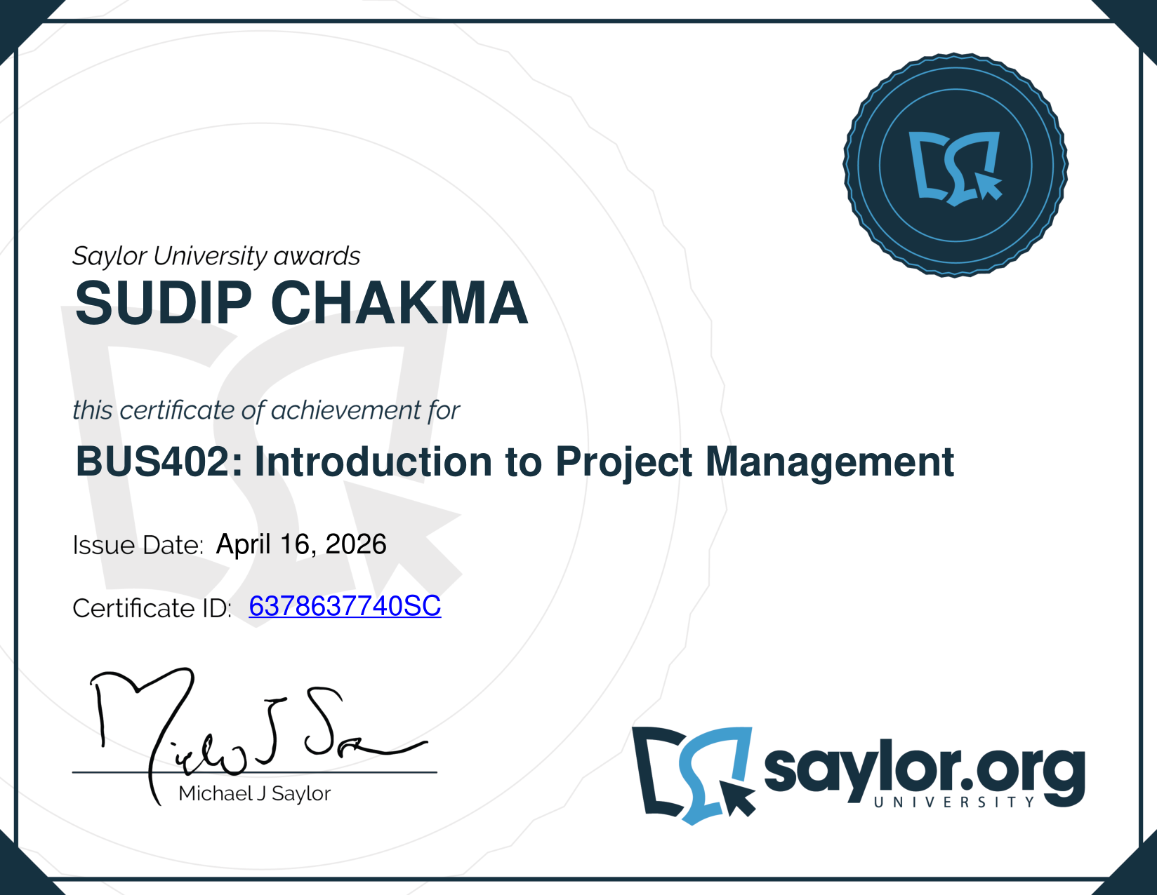 Introduction to Project Management Certificate - Sudip Chakma