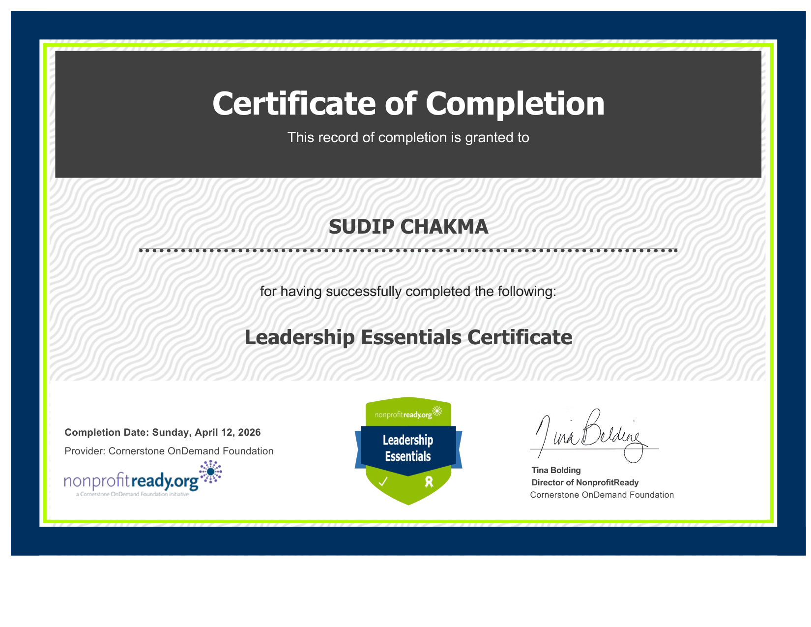 Leadership Essentials Certificate - Sudip Chakma