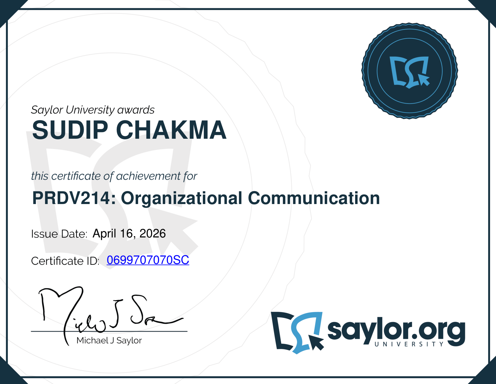 Organizational Communication Certificate - Sudip Chakma