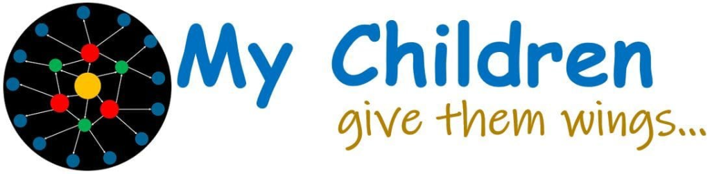 My Children Foundation logo with network graph circle and text 'give them wings...'